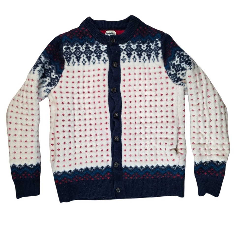 J.Crew Women Med Cardigan Sweater White Blue Red Fair Isle Lambswool C0535 READ